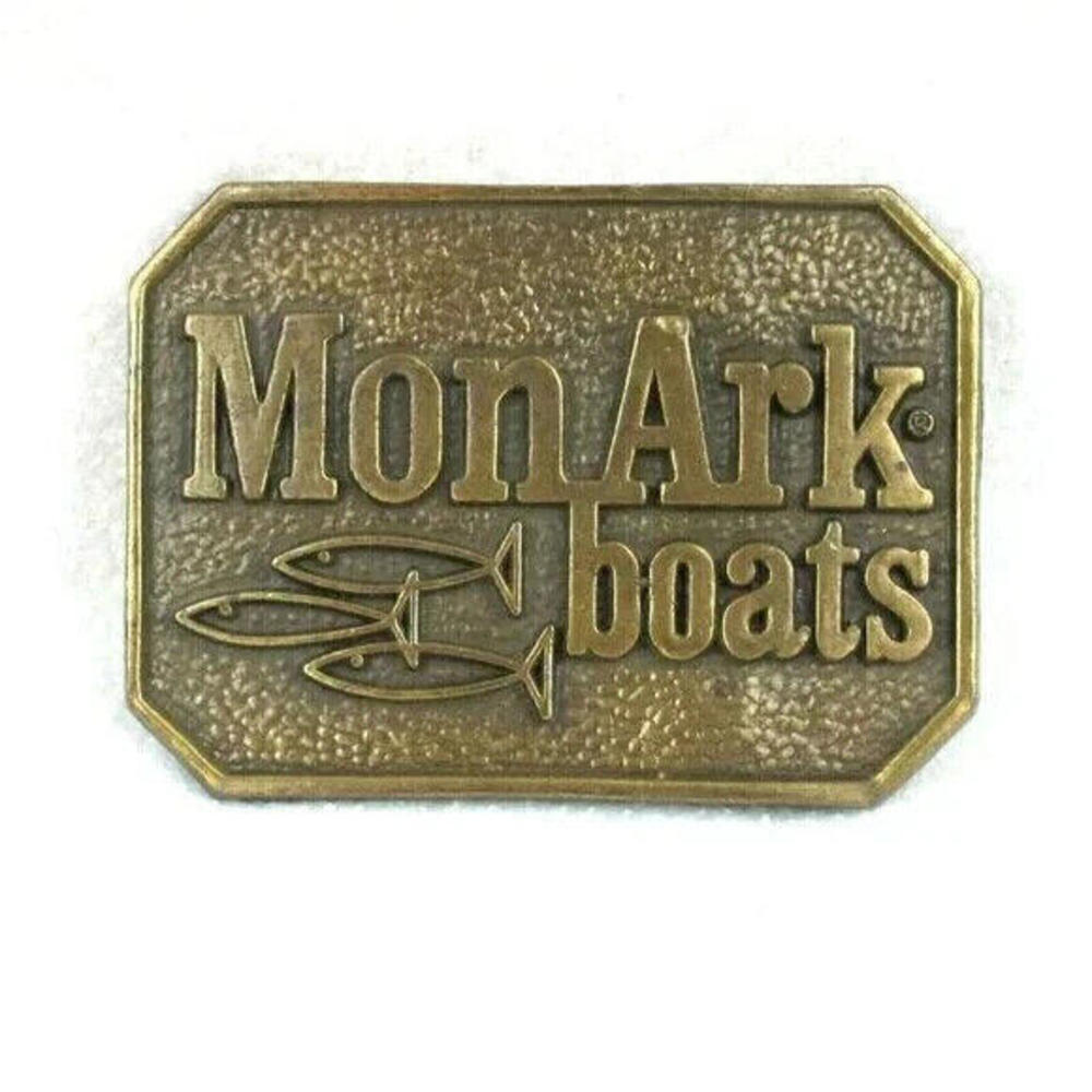 Vintage Belt Buckle MonArk Boats Fishing Sport Gold tone Brass Metal 1980s